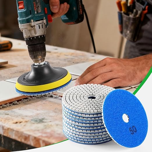 WORKEASE 4 Inch Diamond Polishing Pads Wet/Dry 12PCS, 50 Grit Diamond Sanding Pad, Granite Stone Concrete Marble Rock Countertop Quartz Polish Pad