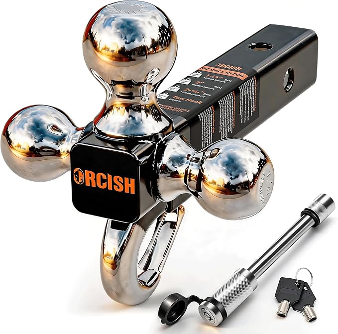 ORCISH Tri-Ball Trailer Hitch with Self-Lock Latch & Hook, Chrome Trailer Ball Size 1-7/8", 2" and 2-5/16", Fit 2 Inch Hitch Receiver, Anti-Theft Locking Tow Hitch Mount, 10,000 lbs Max Capacity