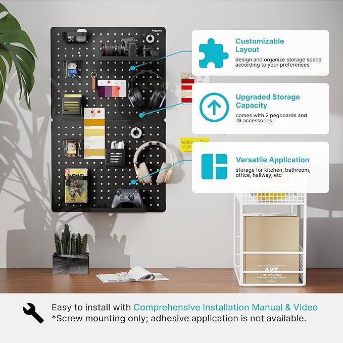 PEGZONE Pegboard Wall Organizer Combination Kit,Overall 33.1"x20.5" Metal Office Pegboard with 19 Accessories, Wall Mounted Peg board Display Panels for Home, Gaming Room, Garage (2Pcs,Black)