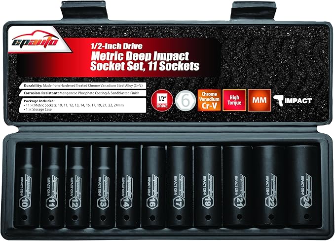 EPAuto 1/2-Inch Drive Click Torque Wrench 1/2-Inch Drive Metric Deep Impact Socket Set, Cr-V, 6 Points