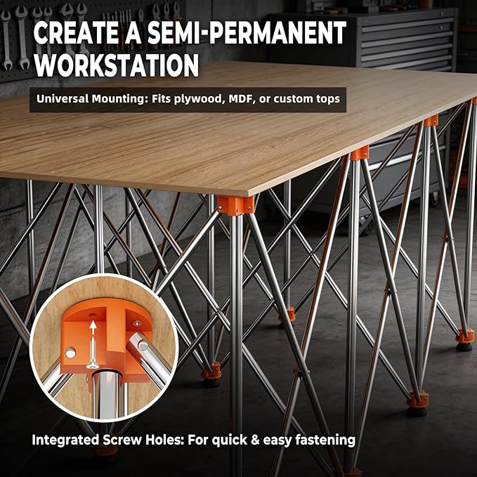 8'x4' Heavy Duty Portable Folding Workstand - 6,500 lbs Capacity Collapsible Workbench with Thickened Legs, Round Steel X-Braces & 4" Adjustable Leveling Feet - Instant Setup for Jobsite & Garage