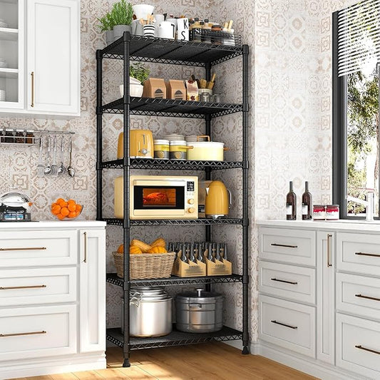 Xcity Storage Shelves, 6 Tier Heavy Duty Metal Shelving Unit, 2400 LBS Capacity Adjustable Steel Wire Shelf Organizer for Pantry, Kitchen, Garage, 14" D x 30" W x 70" H, Black