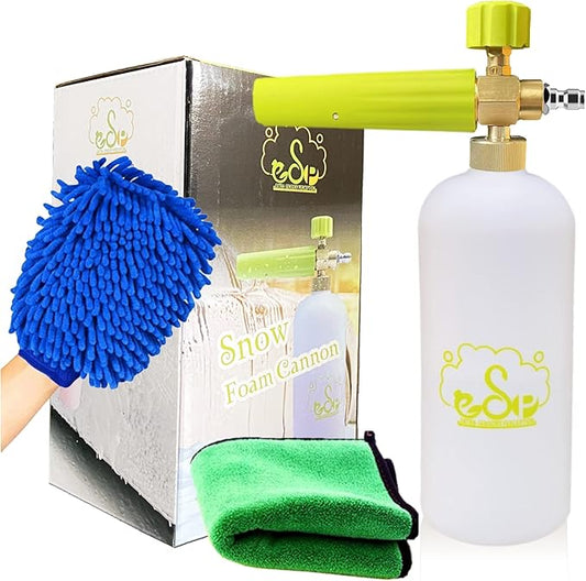 ESP Foam Cannon Snow Foam Lance Pressure Power Jet Washer Quick Release Adjustable Nozzle with 1 Liter Bottle Washing Mitts 1 Towel