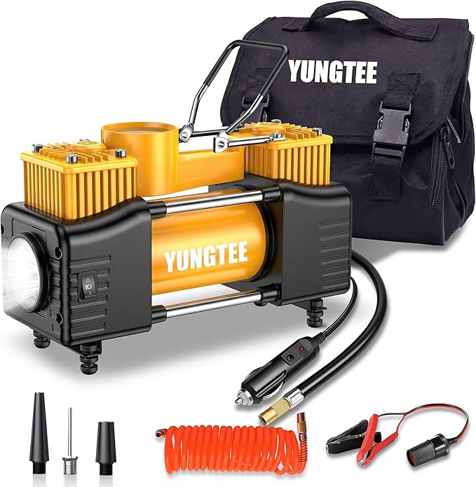 YUNGTEE Yellow Tire Inflator Heavy Duty Double Cylinders Direct Drive Inflation Pump,12V Portable Air Compressor Pump with Emergency LED Light - 150PSI Tire Pump,Apply to Car,Suv,RV