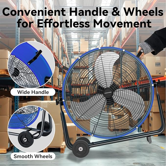 24 Inch Industrial Drum Fan 8800 CFM High Velocity Floor Fan for Garage, Warehouse & Workshop - 3-Speed Heavy Duty Metal Fan with 360° Tilt, Wheels & UL Safety Listed