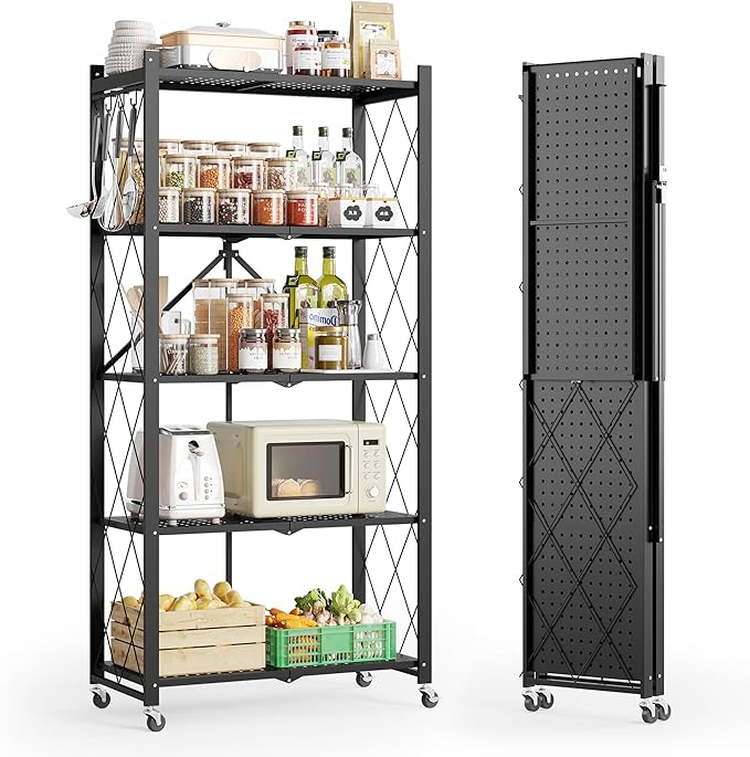 Fenbeli Folding Shelving Unit 5 Tier with Wheels & Hooks, No Assembly Foldable Collapsible Storage Shelf 60 lbs Per Shelf, Rolling Metal Rack for Kitchen Pantry Garage Craft Show Display