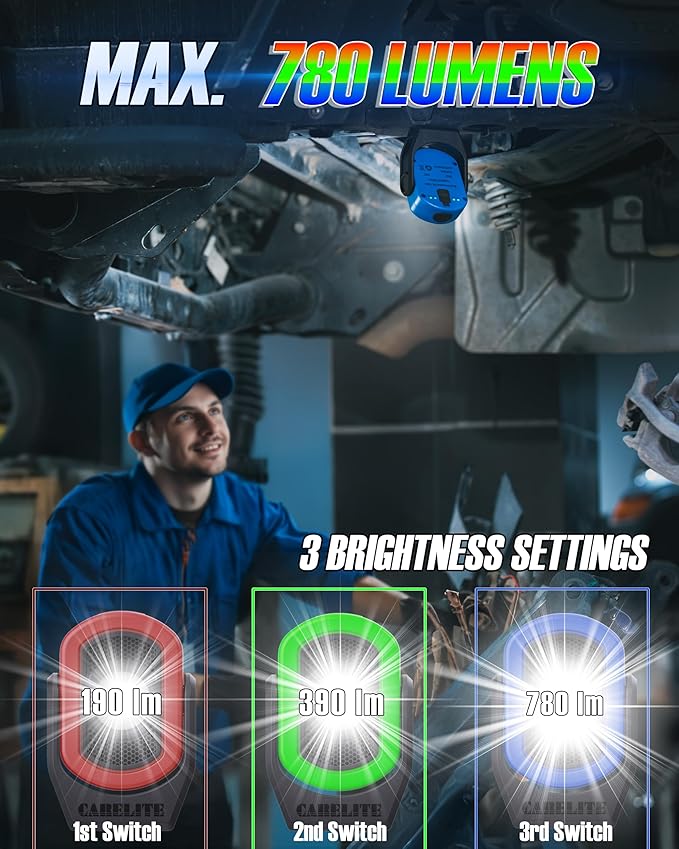 Magnetic Work Light – 780 Lumen Compact Pocket Light, Rechargeable 3000mAh, 360° Pivot, Durable & Portable for Mechanics & Jobsites (Red, Green & Blue, 3-Pack)