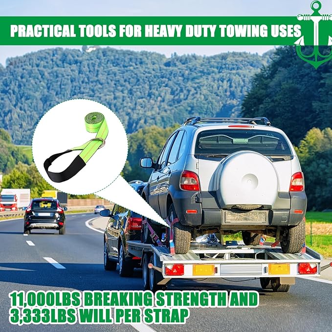 12 Pack Lasso Tow Truck Straps with D Ring 11, 000 Lbs Break Strength D Ring Auto Tie Down Wheel Lift Trailer Strap for Hauling Utv SUV Wrecker Rollback (2" X 10ft,Green)