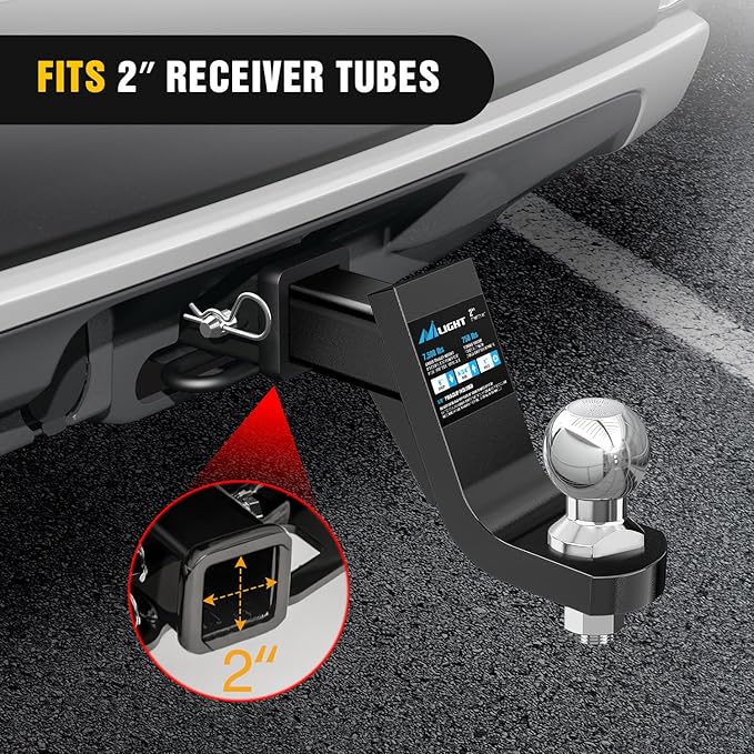 Nilight Trailer Hitch Ball Mount with 2 Inch Trailer Ball & 5/8" Hitch Pin Clip Fits 2 Inch Receiver Square 7500 lbs 6" Drop, 4-3/4” Rise, 1” Hole, Gloss Black Powder Coat