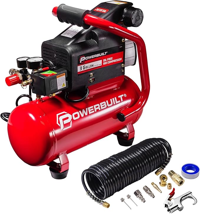 Powerbuilt 3 Gallon Air Compressor – 125 PSI, Oil-Free, Quiet Hot Dog Style – Includes 25 Ft. Air Hose & 10-Piece Accessory Kit – 240039
