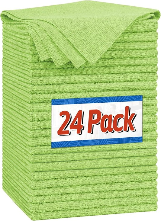 FIXSMITH Microfiber Cleaning Cloth, Shop Towels Bulk, 24 Pack Green Microfiber Towels for Cars, All-Purpose Absorbent Cleaning Rags, Dust Cloth for Automotive, Mechanic, Garage, Bar, 12 x 11 inch