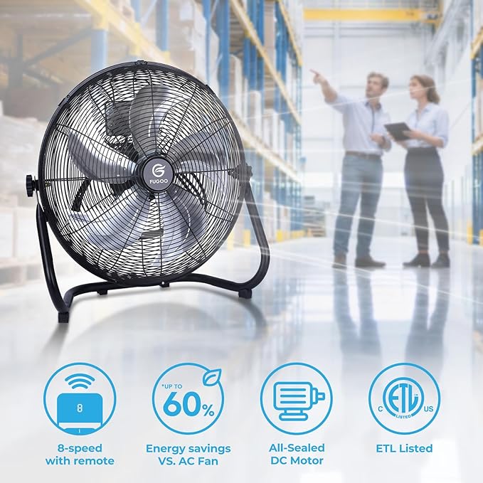 FUGOO 18" High Velocity Floor Fan with Remote,BLDC Motor,Quiet,8 Speeds, Tilt Head, ETL-Listed Safety Compliance, Metal Housing/Blades, Ideal for living Room/Commercial Space/Garage/Gym, 90W,3600CFM