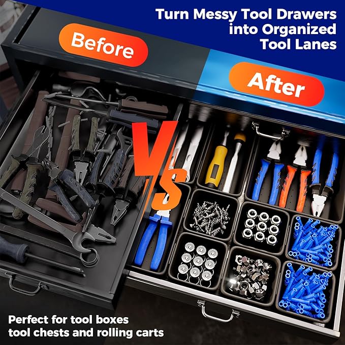 70 PCS Tool Box Organizer Tray & Desk Drawer Organizer Set, 5 Size Interlocking Bins for Garage Tool Storage, Mechanic Tool Chest, Rolling Cart, Workbench Drawers with EVA Non Slip Pads