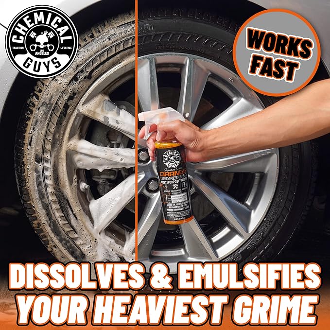 Chemical Guys Orange Degreaser 16 oz - with Professional Grade Microfiber Towel - Heavy Duty Cleaning Kit for Engines, Wheels, Tires, & More - Powerful Citrus Formula Removes Grease & Grime