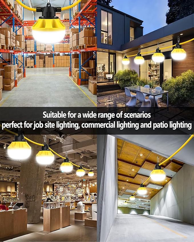 100FT LED Construction String Lights, 100W 10000LM Industrial Grade Temporary Work Lights with 10 Bulbs, Linkable 5000K Super Bright Weatherproof Lighting for Construction Site, Job Site,& Outdoor Use