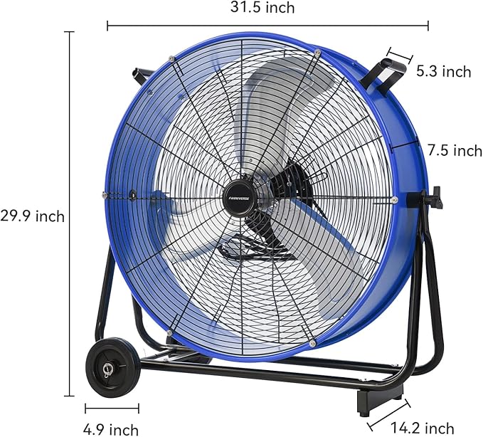 24 Inch Industrial Drum Fan 8800 CFM High Velocity Floor Fan for Garage, Warehouse & Workshop - 3-Speed Heavy Duty Metal Fan with 360° Tilt, Wheels & UL Safety Listed