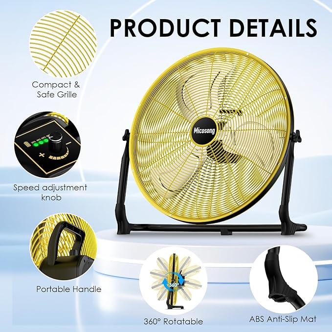 20'' Large Solar Fan, Portable Battery Operated Fan, Wireless Camping Fan Outdoor, Rechargeable Solar Powered Floor Fan, 360° Tilt, USB Output, for Home Gazebo Greenhouse Outside Gym