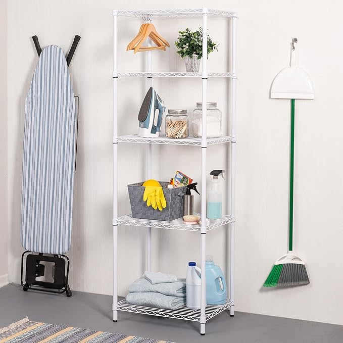 Honey-Can-Do 5-Tier Heavy-Duty Adjustable Shelves, Metal Storage Rack with 250-lb Shelf Capacity, White, 18" W x 24" L x 72" H