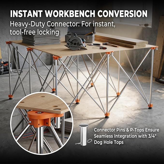 4'x4' Heavy Duty Portable Folding Workstand - 3,500 lbs Capacity Collapsible Workbench with Thickened Legs, Round Steel X-Braces & 4" Adjustable Leveling Feet - Instant Setup for Jobsite & Garage