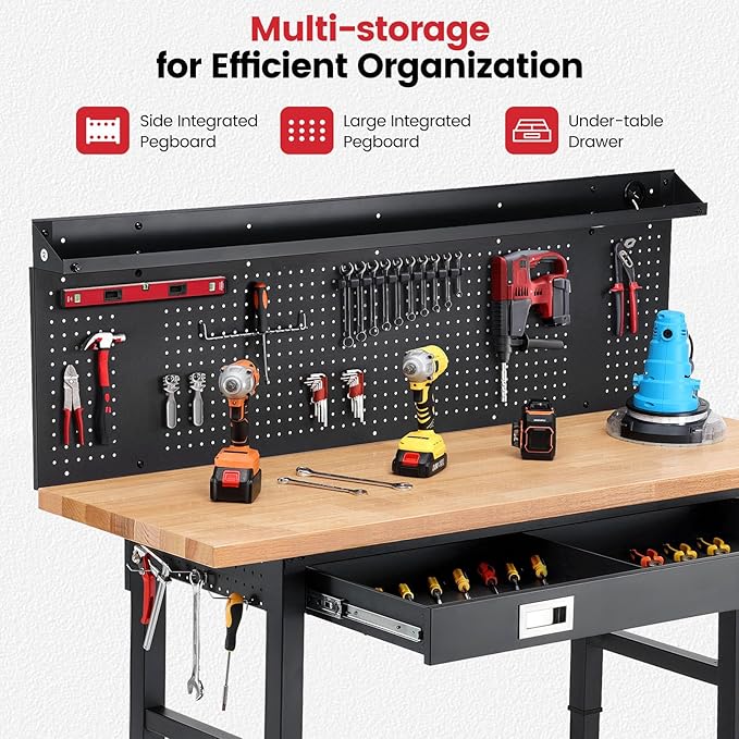 ENJOYWOOD 60" x 22'' Garage Workbench with Wheels Adjustable Height Rubberwood Work Table with Drawers, Pegboard, Power Outlets & LED Light Heavy Duty Rolling Workbench for Workshop & Home