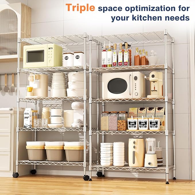 5-Tier Heavy Duty Metal Shelf,Chrome Wire Shelving Unit 35" Wx18 Dx71 H,Height Adjustable Storage Wire Shelves with Lockable Wheels for Garage,Kitchen,Office,Bathroom,Studio