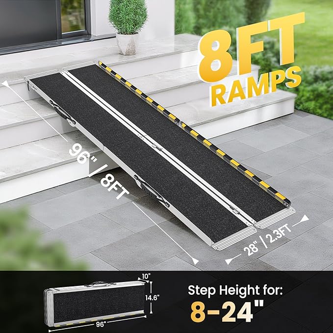 8 Feet Portable Wheelchair Ramp, 600 LBS Capacity Folding Aluminum Threshold Ramp with Anti-Slip Surface, Mobility Access Handicap Ramp for Home Steps, Doorway, Stairs, Doorways, Scooter