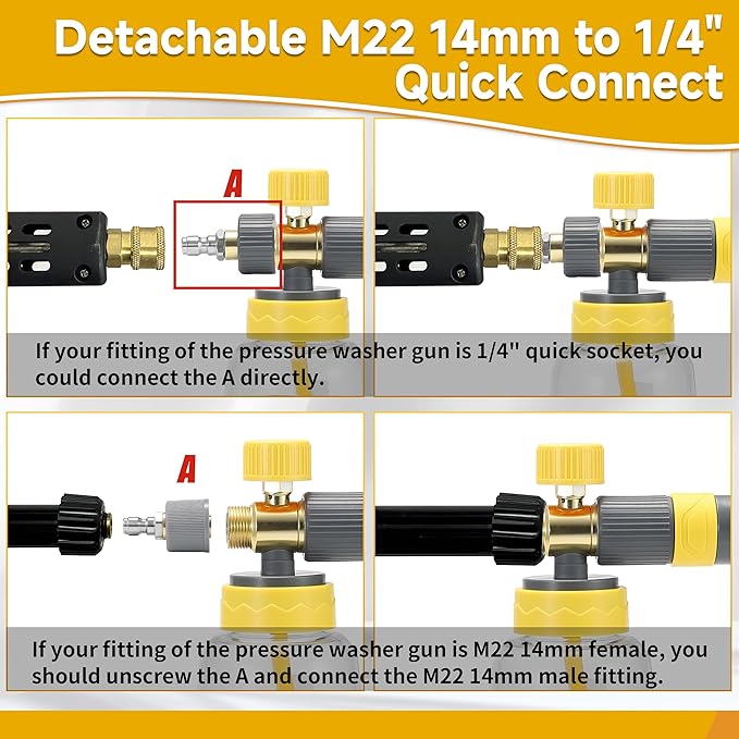 Foam Cannon Gun Dual Connector Accessory for Pressure Washer, Double Tip Attachment Soap Cannon with Power Washer Short Gun, Car Wash Foam Gun Kit, 1/4" Quick Connect, 5 Nozzle Tips
