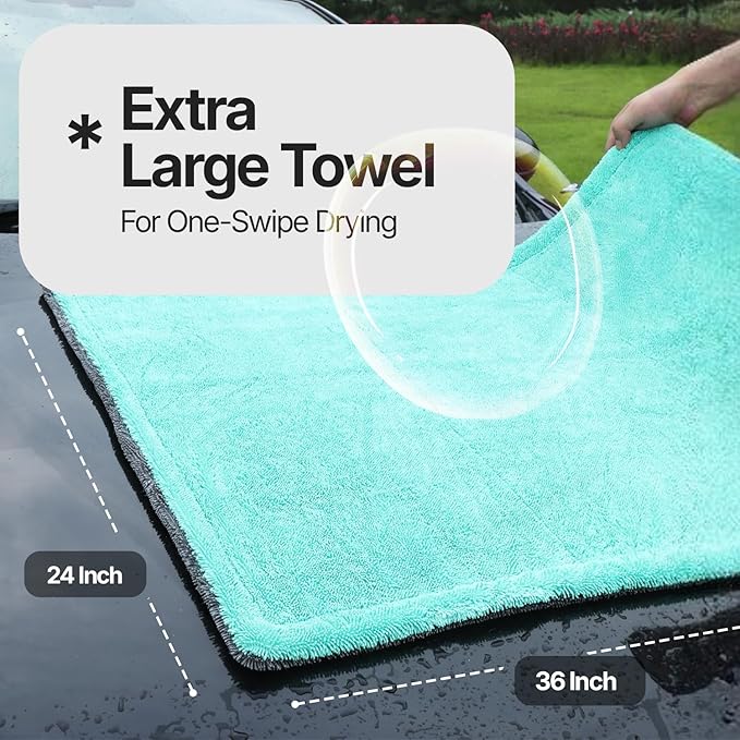 Crystal Clean 1300GSM Microfiber Towels for Cars – XL Drying Towel with Double Twisted Loop, Professional Detailing Towel Car Detailers - Quick Dry, Paint Safe & Swirl-Free (Grey+Green)