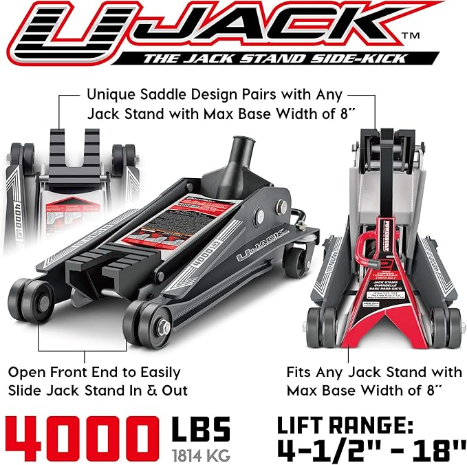 Powerbuilt 2 Ton U-Jack Garage Jack, 3000 LBS Loading Capacity, Lift Range: 4-1/2-Inch to 18-3/4-Inch, Unique Saddle for sliding jackstand into - 620516