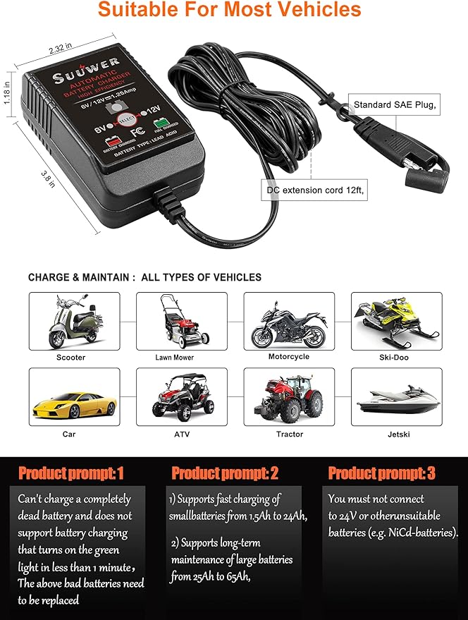 6V/12V 1.25A Fully-Automatic Smart Battery Charger, Trickle Charger&Battery Maintainer with 12FT Power Cord, SAE Connector, Alligator Clips, OT Terminals for Car Motorcycle ATV Boat Lawn Mower