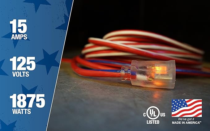 Southwire Heavy Duty Extension Cord, 50Ft, 12 Gauge, 3 Conductor, Outdoor Cord, Lighted End, SJTW, Red/White/Blue, 2548SWUSA1