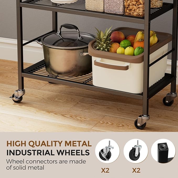 3-Tier Metal Storage Rack with Industrial Wheels,Mesh Shelving Unit with Wooden Table top,Adjustable Shelf,23.6-Inch Width,for Kitchen,Laundry,Pantry,Plant,Black panel and black frame