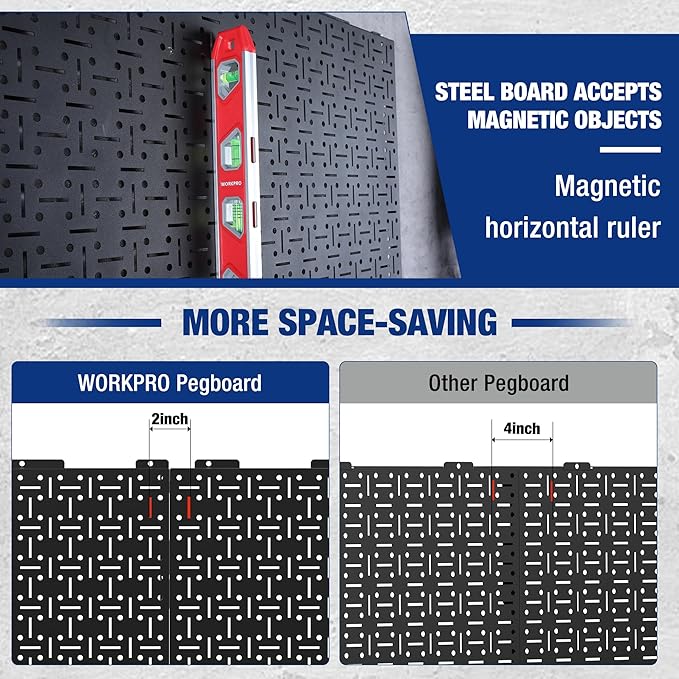 WORKPRO Metal Pegboard 16”x 32” Steel Panel with Round Holes & Vertical Slots, Black Heavy Duty Garage Peg Board Wall Pegboard Organizer for Wood Working Work Shop, Craft Room, 2 Pack