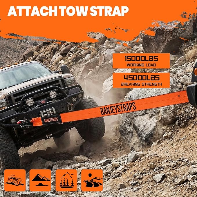 4" x20' Complete Off-Road Recovery Kit - 45,000 lb Tow Strap with D-Ring Shackles & Storage Bag for Truck, Jeep, SUV & 4x4 Vehicle Emergency-Orange
