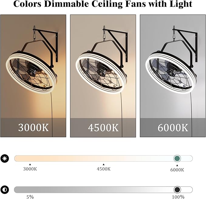 20 Inch Reversible Wall Mount Fan with Light, Plug in 3CCT Dimmable Fan Light with Remote and APP Control, Indoor/Outdoor Wall Mounted Fans with 6-Speed for Garage, Patio, Living Room（LED Frame）