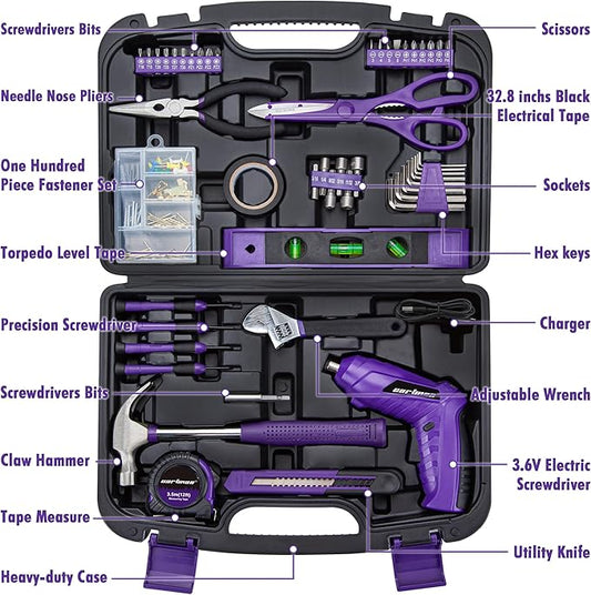 CARTMAN 149-piece Tool Set with Purple Cordless Screwdriver Essential Household Tool Box Hand Tool Kit