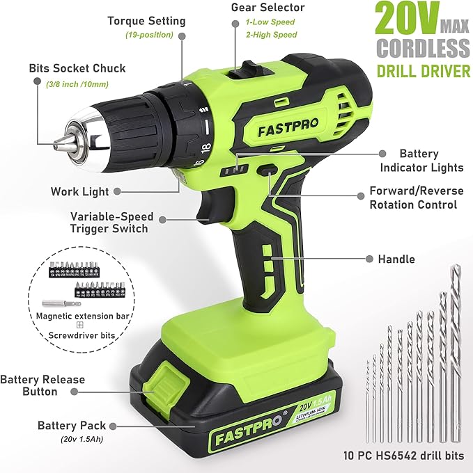 FASTPRO 20V Max Cordless Drill set, 3/8 in. Power Drill Driver kit with One 1.5 Ah Lithium-ion Batteries, Charger and Tool Bag, Green
