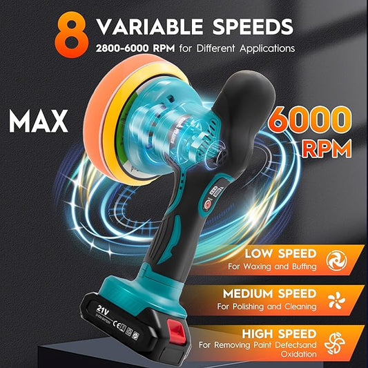 Cordless Car Buffer Polisher Kit with 2x21V Batteries, 6 Inch Car Polisher with 8 Variable Speed Max 6000RPM & 21 PCS Attachments, Buffer Polisher for Car Detailing, Sanding, Scratch Removing