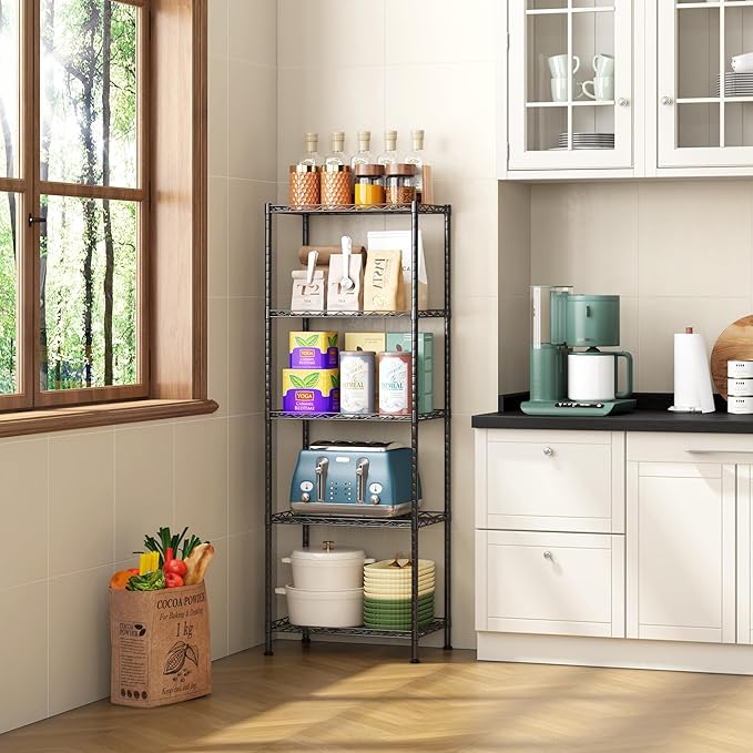 HOMEFORT 5-Shelving Unit, Adjustable Wire Shelving, Metal Wire Shelf Rack Organizer for Kitchen, Pantry, Closet, Bathroom, Laundry, Black,21" W x 11" D x 53" H