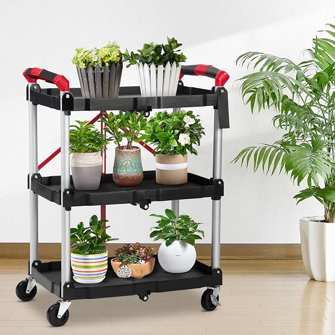 Towallmark Portable Folding Service Cart, 3 Tier Folding Utility Cart, Collapsible Utility Carts for Office, Warehouse, and Home, High Capacity Tool Cart (Black & Red)