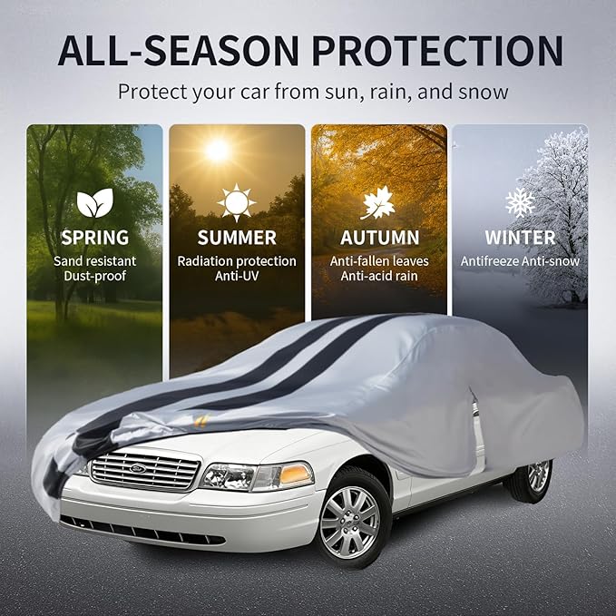 Multi-Layer Car Cover Custom Fit for Lincoln Town(1991-2011), 100% Waterproof All Weather for Automobiles, Gift with Towel, Heavy Duty Car Covers for Rain Sun UV Protection with Door Zipper.