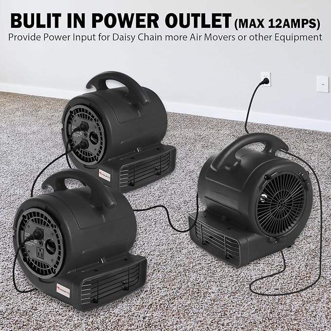 MOUNTO 1/5hp Air Mover 800cfm Blower Fan Carpet Floor Drying Fan - 3-Speed Compact Air Mover w/Dual Outlet, 10ft Power Cord for Drying, Cooling, Air Circulation (Black)