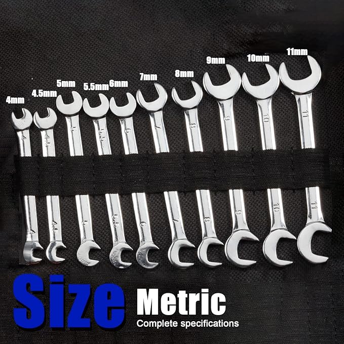 SPEEDWOX Mini Double Open End Wrench Set Metric 4mm-11mm 10pcs Super-Thin Angle Head Spanner with Storage Pouch for Assembling Furniture Small Equipment Silver GDOMW10-1394