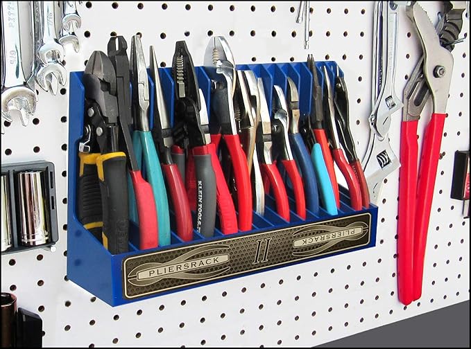 PLR16 Red Pliers Rack mounts on your peg board, or fits in your toolbox drawer. Plier storage for Regular & smaller pliers. Holds spring loaded pliers closed. Has a special tilt feature.
