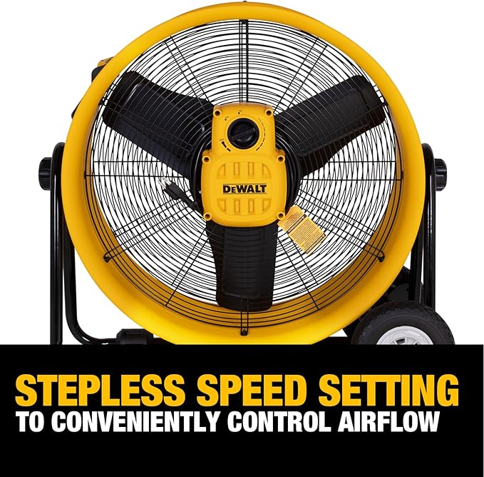 DEWALT DXF2490 High Velocity Fan, Floor Fans, 24 Inch Large Electric Metal Rotating Industrial Fan with 360° Adjustable Tilt & Large Wheel, Drum Fans for Outdoor and Warehouse, Yellow