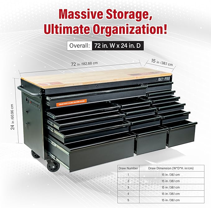 Olympia Tools 72 inch Heavy Duty Mobile Tool Chest Tool Box, with Solid Wood Top Workbench, 15-Drawer Rolling Tool Chest, Tool Storage Organizer for Garage, Workshop, and Home, Black