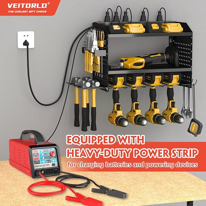 Power Tool Organizer with Charging Station, Heavy Duty Modular Wall Mount Rack for Garage & Shed Organization, 4 Drill Holders, Fathers Day Anniversary Birthday Gifts for Men Dad Him Husband(Black)