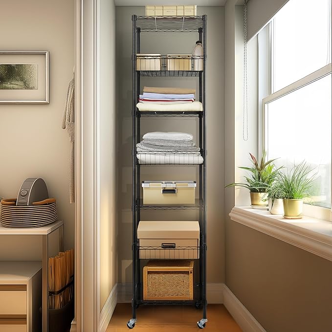Finnhomy Heavy Duty 7 Tier Wire Shelving Unit with Wheels 18x18x78.8-inches 7 Shelves Metal Storage Rack Thicken Steel Tube, Adjustable Shelving Rack for Kitchen Bathroom Office, NSF Certified, Black