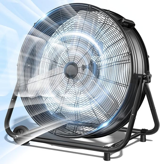 LifePlus 14000 CFM Heavy Duty Industrial Drum Fan, 30 Inch 550W Metal Shop Fan with 3 Speeds, 360° Tilt, Wheels for Warehouse, Commercial, Workshop, Factory and Basement, Black