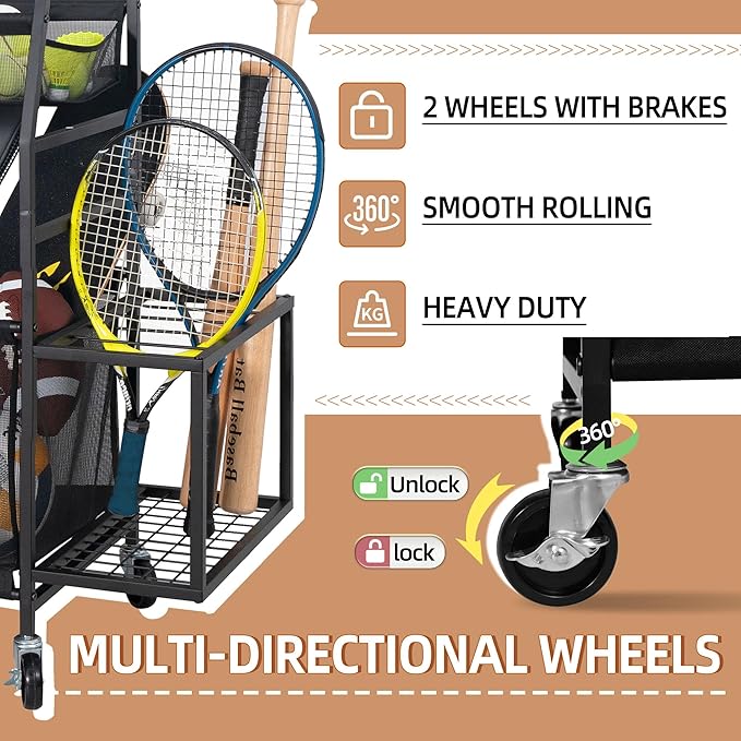 STORAGE MANIAC Ball Storage Bin Rolling Sports Ball Cart, Metal Garage Organizer Sport Rack Basketball Storage Cage for Garage or Gym, Indoor & Outdoor Sports Equipment Organizer